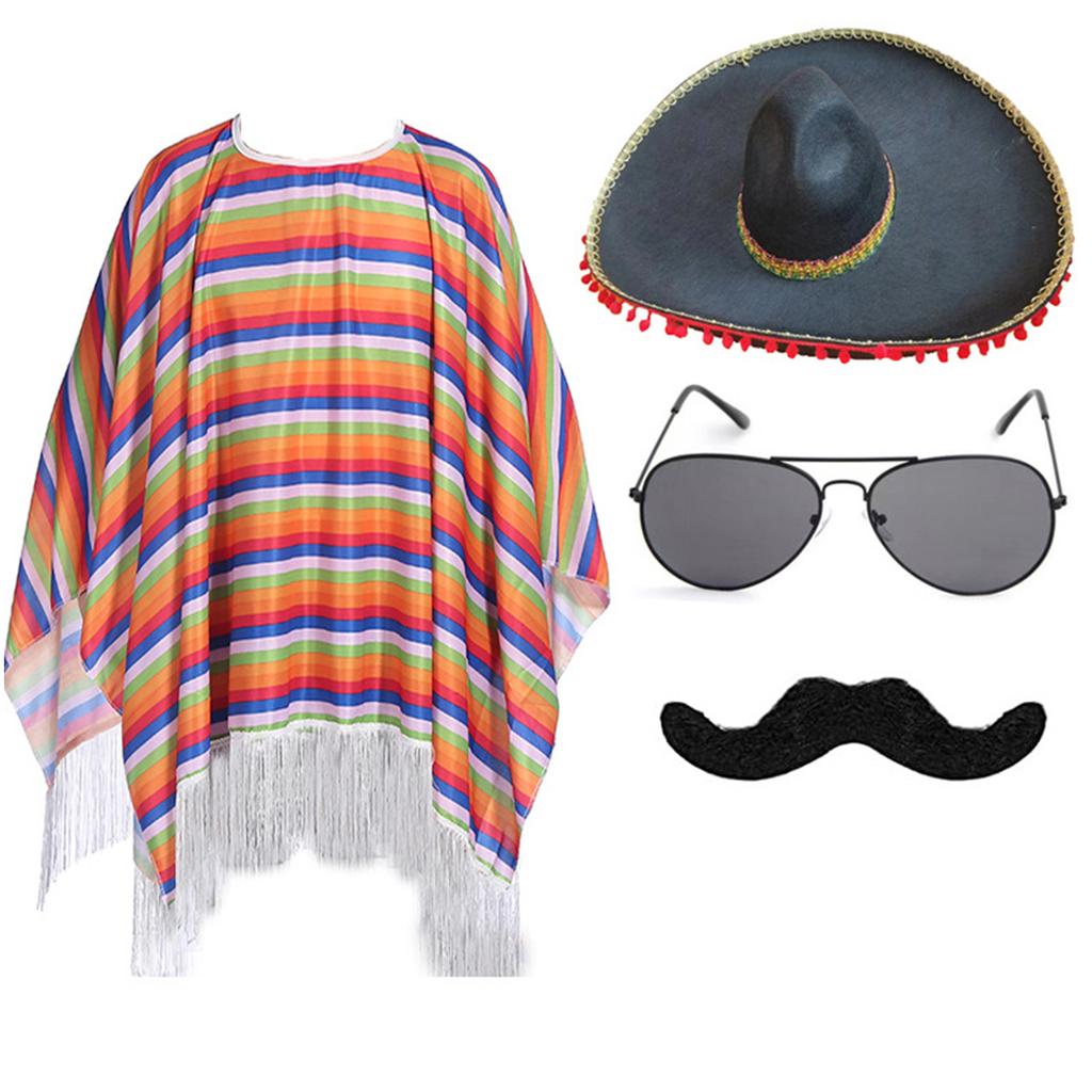 Mexicans Party Outfit for Kids Adult with Poncho Cape Sombrero Hat Sunglasses Maracas and Mustache for Interactive Fun