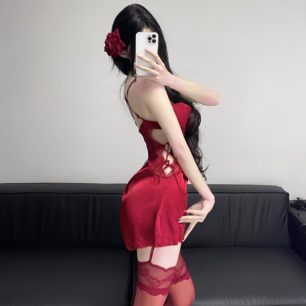 Sex Underwear, Sexy Pure Desire Wind Lace Pajamas, Seductive Perspective Plus Chest Pad, Steel Ring Gathering Suspender Pajamas