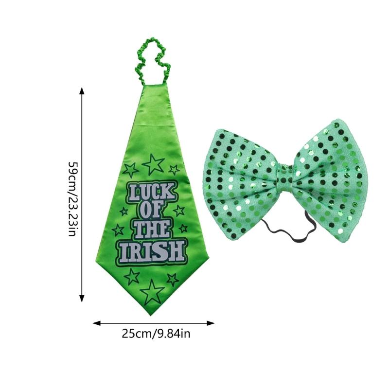 Saint Patrick's Day Novelty Lucky of the Irish Neck Tie and Sequins Bowtie Set for Festival Celebrations and Parties