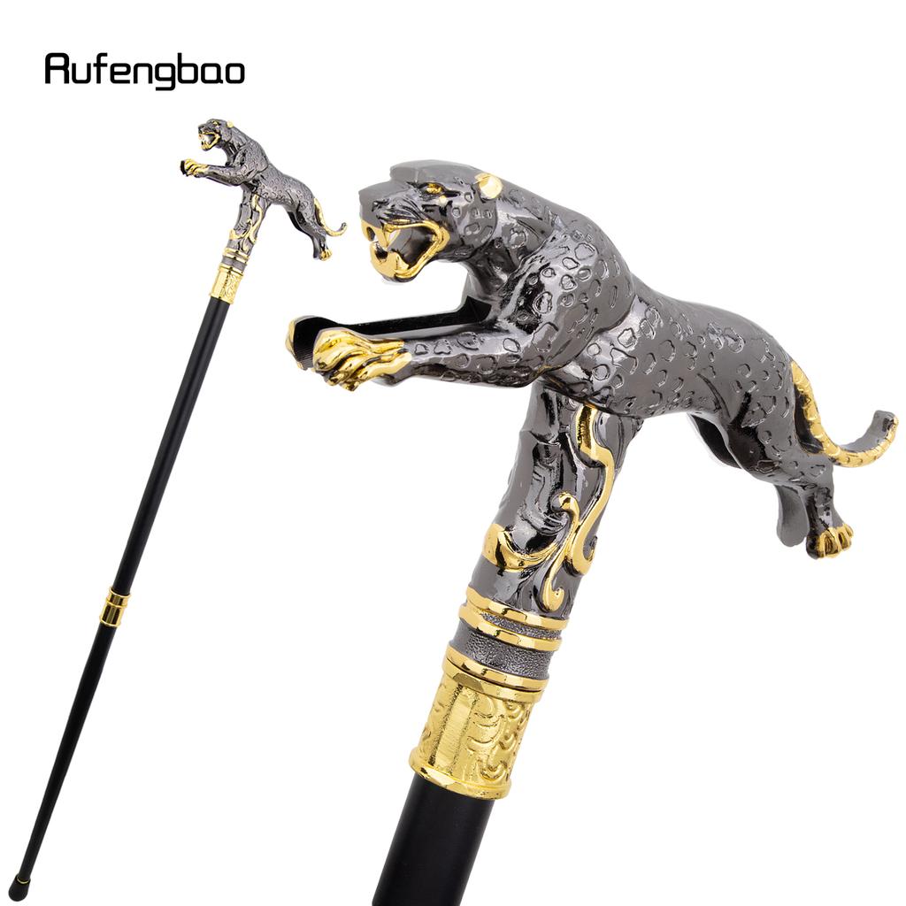 Gold-Schwarz Laufender Leopard mit Schwanz Gehstock Dekorativ Cosplay Party Modischer Stock Halloween Krummstab Stock 94cm