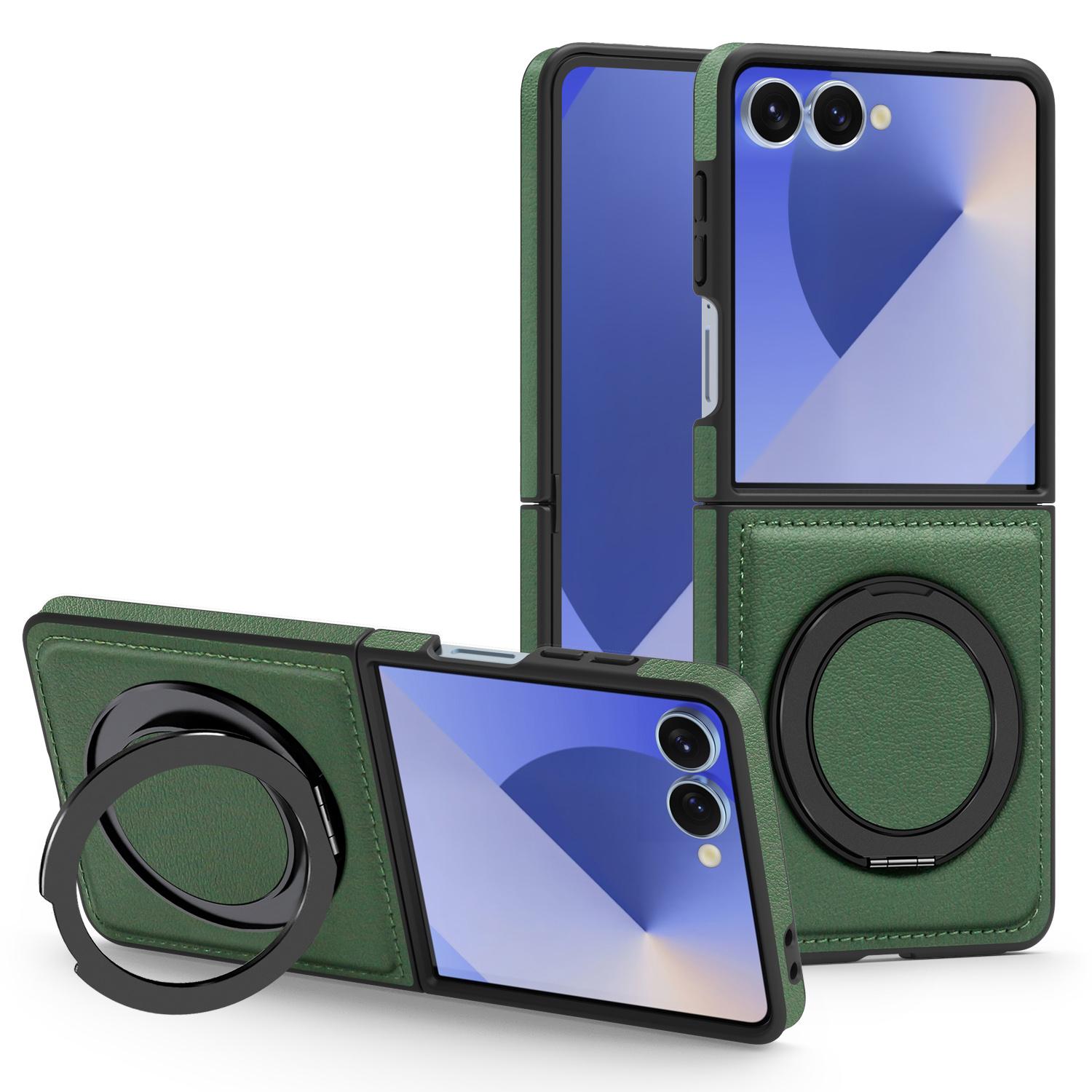 

For Samsung Galaxy Z Flip7 5G Case with Ring Kickstand Compatible with MagSafe PU Leather Back Cover Green