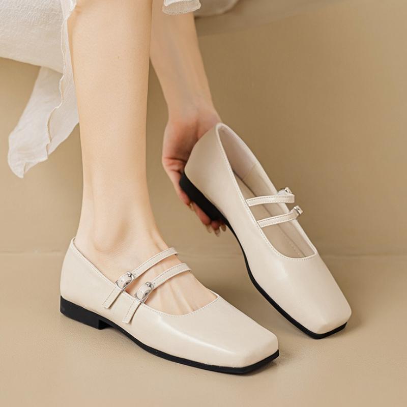 2025 Women's Spring Autumn New Fashion Low Heel Mary Jane Shoes French Double Buckle Square Toe Dress Shoes
