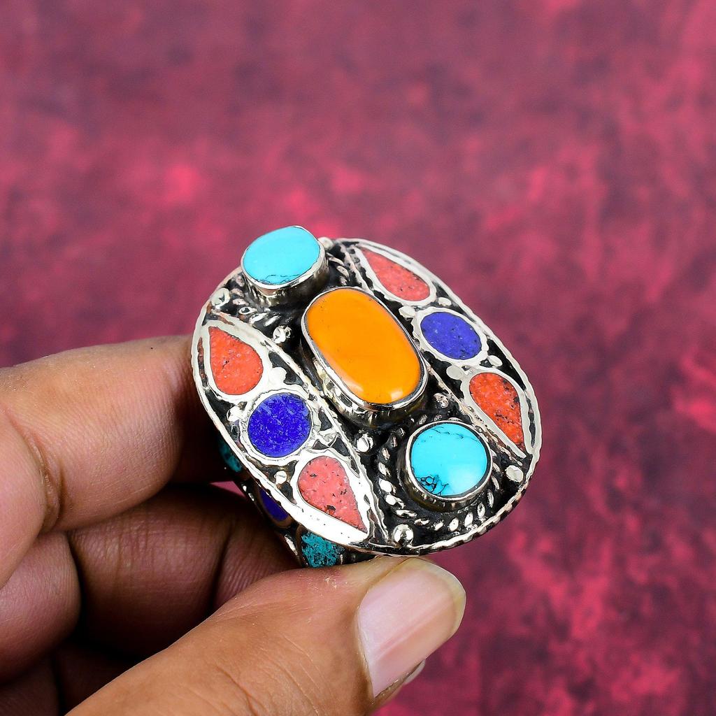 Turquoise, Coral & Lapis Lazuli Sterling Silver Nepal Beautiful Ring, Handmade Gemstone Ring Jewelry, Gifts For Sister Brand New Adjustable Ring