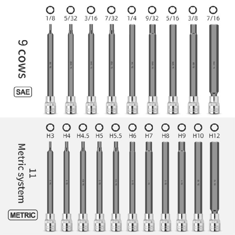 Komplettes Set von 20 langen Sechskant-Stecknüssen 3/8" Antrieb Enthält metrisch 3mm 12mm Britisch 1/8" 7/16" Stabiler Koffer