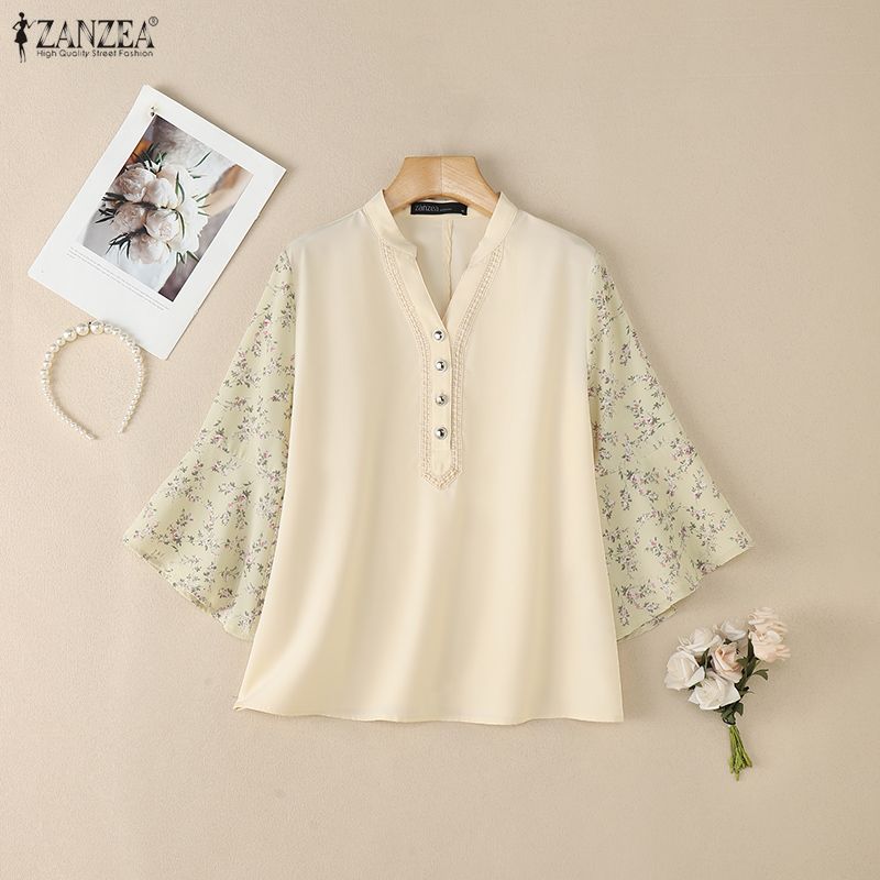 ZANZEA Women Casual V-Neck Print Splice Loose 3/4 Sleeve Blouse