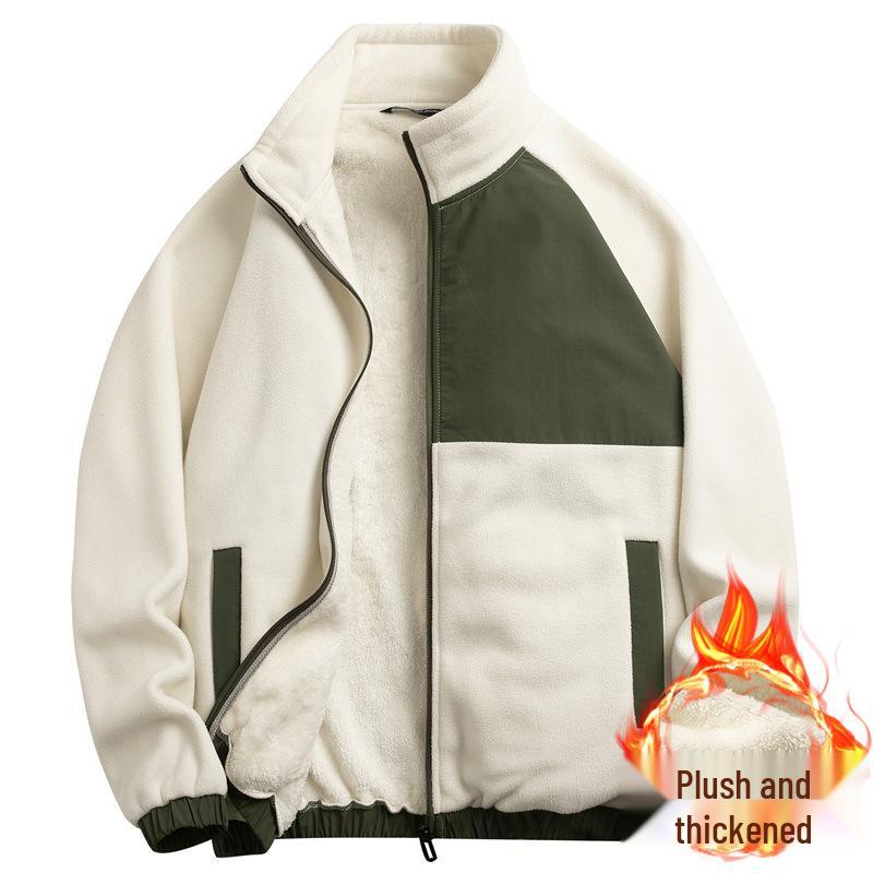 Chaqueta para hombre de forro polar grueso con bloques de color y cuello alto, top casual deportivo para otoño/invierno
