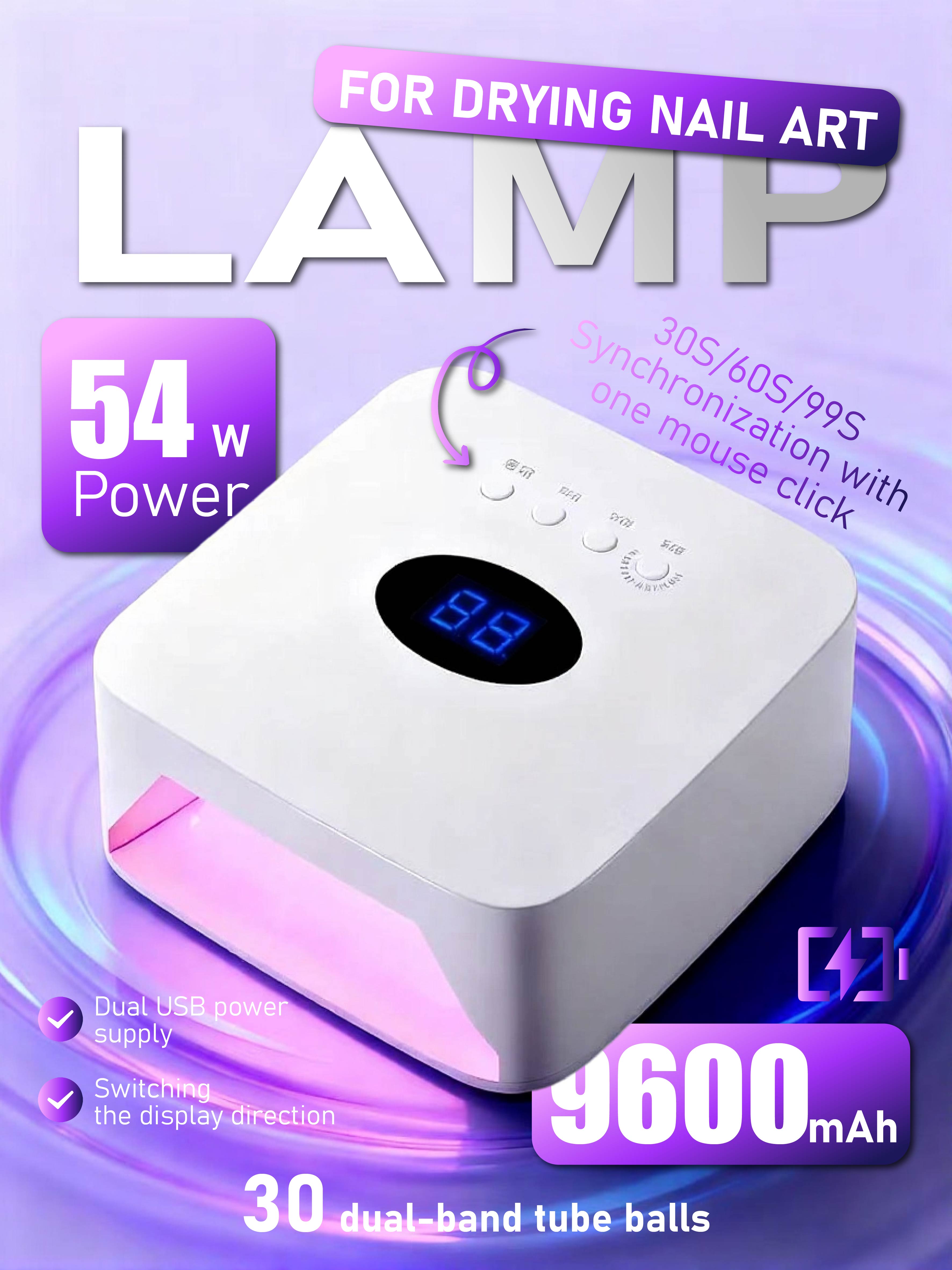

Лампа для сушки ногтей 54 Вт с аккумулятором 9600 мАч - 30 двухдиапазонных УФ/светодиодных ламп для нейл-арта (Таймер 30С/60С/99С) белый