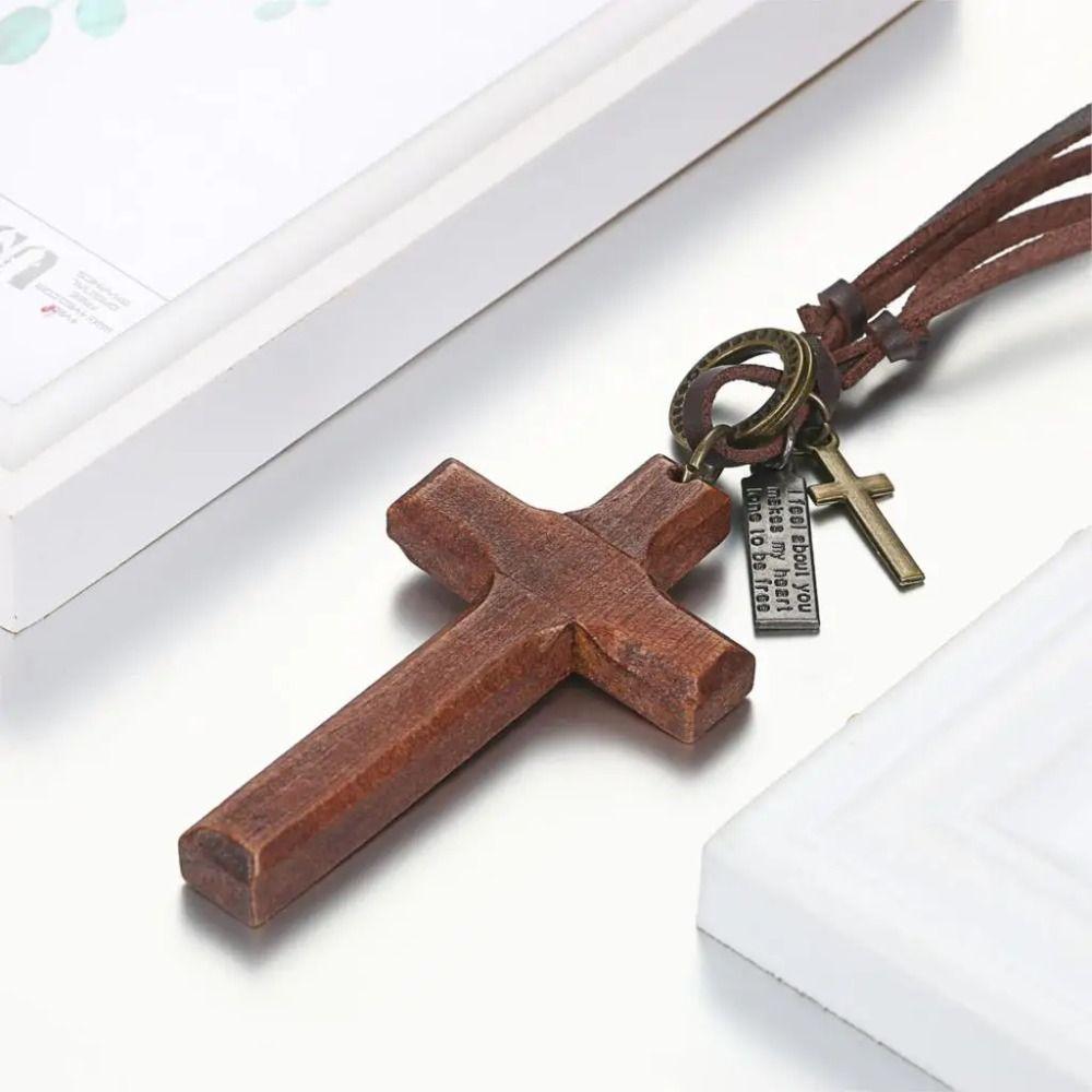 Metal Tags Wood Cross Necklace Religious Crucifix Pendant Chain Handmade Cross Necklace Christian