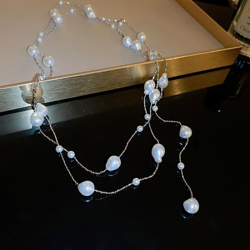 Diamond Water Drop Pearl Beaded Necklace Autumn and Winter French Light Luxury Sweater Chain Fashionable Versatile High-end Jewelry