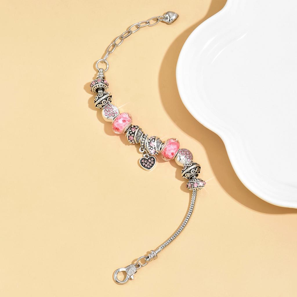 Women All Match Pink Crystal Love Heart Glass Beads Bracelet