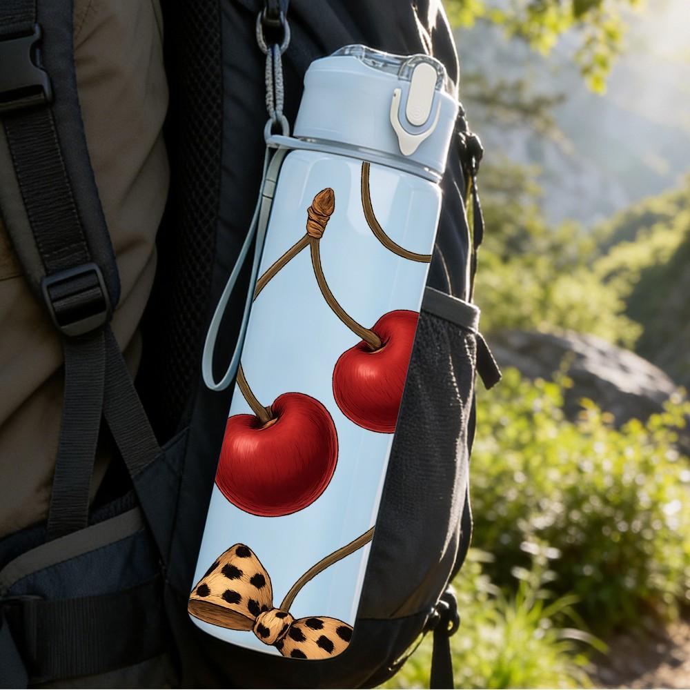 1PC Red Cherry Leopard Bow Layout 750ml Color Plastic Sports Water Bottle Leakproof Flip Straw Lid For Sports Office Home Use