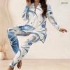 Women Plus Size Two Piece Pants Set Half Zip Neck Long Sleeve Printed Longline Top Fitted Pants Black White