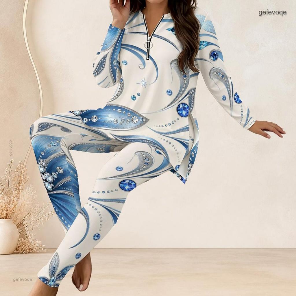 Women Plus Size Two Piece Pants Set Half Zip Neck Long Sleeve Printed Longline Top Fitted Pants Black White