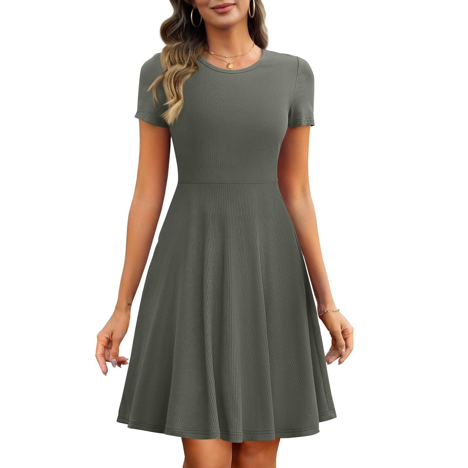 Women s Summer Fashion Short Sleeve With Pocket Color Ribbed Basic Dresses XXL