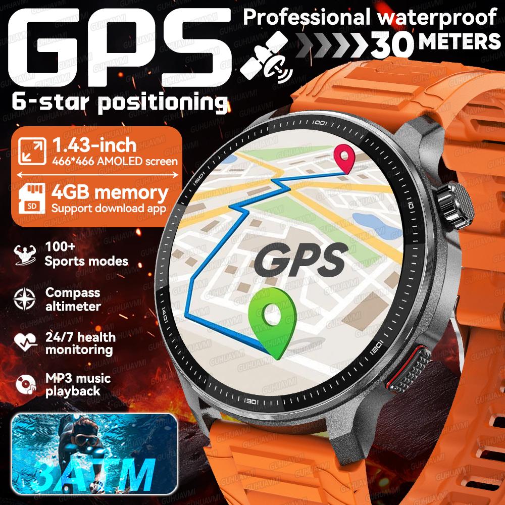 New GPS Offline Map Smart Watch Men 1.43" AMOLED Screen 4GB Memory Video Music Compass 30M Waterproof Swim Sports Smart Bracelet