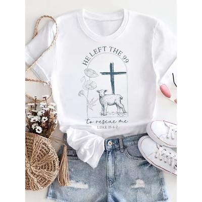 Europäische Größe Damen T-Shirt mit Print - Anime und Religiöses Muster - Lukas 9:60 Inspirierte Schaf-Design, Aprikot Lässig Kurzarm Rundhals