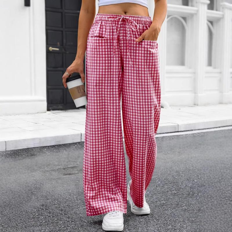 Women's Summer Gingham Wide Leg Pants Drawstring Pocket Trousers