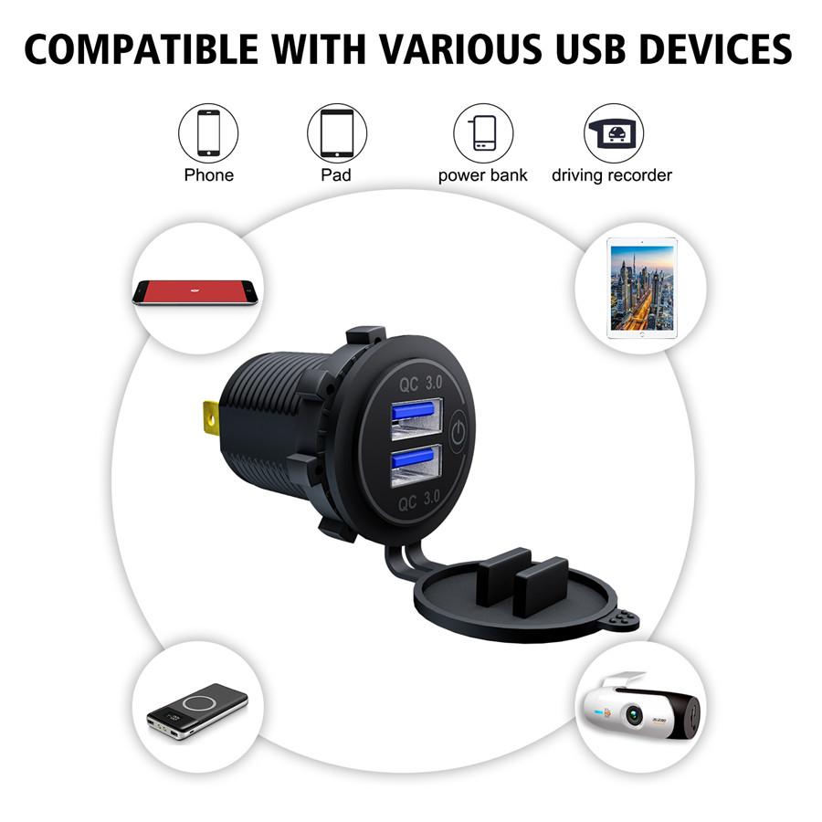 12V-24V Car Cigarette Lighter Socket Dual QC3.0 Charge USB Car Charger with Wire and Terminal for Car Motorcycle Boat Modified