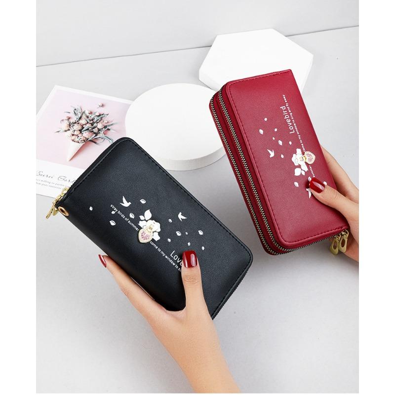 Long Wallet for Women, Large Capacity Student Phone Bag, Heart-shaped Printed Wrist Strap Handbag