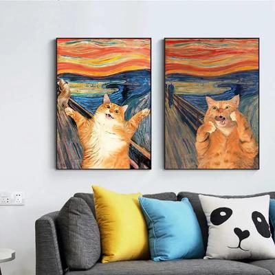 Gato engraçado com pintura famosa Pintura em Tela amigo e O Grito Arte de Parede Pôster e Impressões Mural Decoração de Quarto Doméstico
