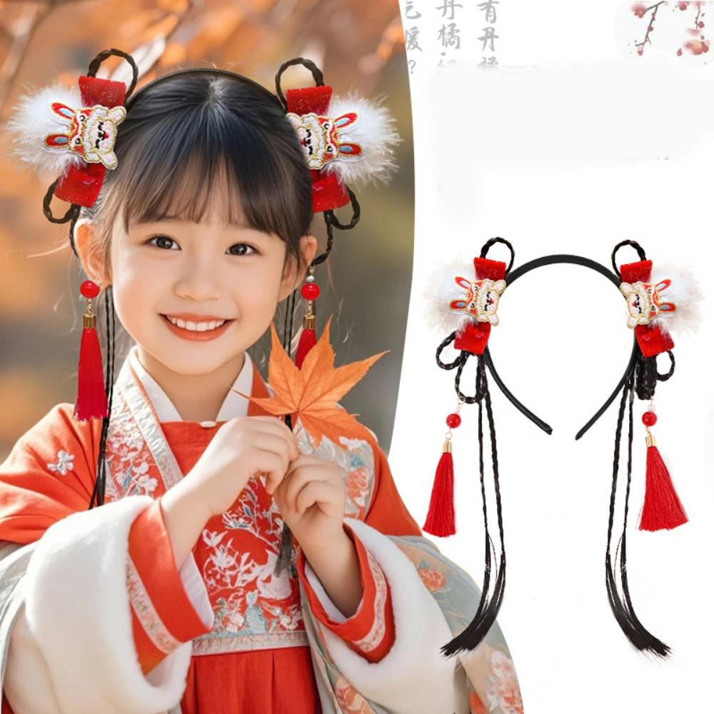 Braid Hair Chinese New Year Headwear Tassel Hanfu Hair Sticks Lovely Red Bow Hairband Children