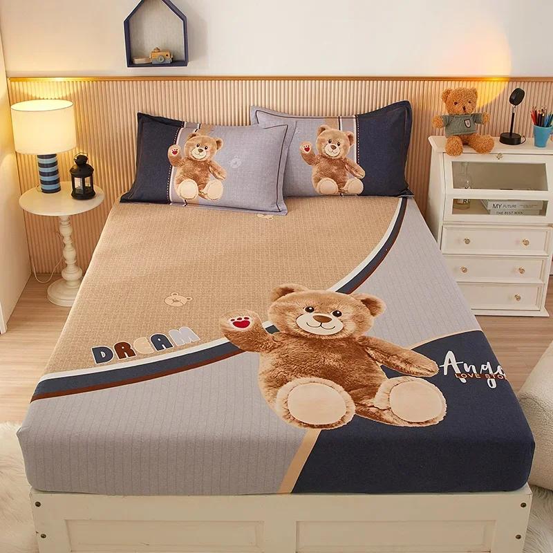 Cute Teddy Bear Pattern Fitted Sheet Set 100% Cotton Anti-slip Mattress Cover with Pillowcases Home Bedding Set for Boys Girls