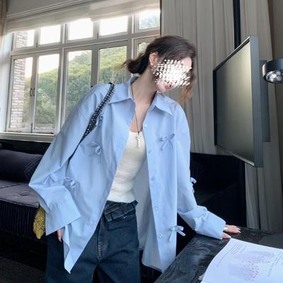 3D Bow Blue Shirt for Women Women's Chic Versatile Casual Lapel Top Solid Color Long Sleeve Lady's Single Breaste Shirts