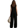 Damen 2-teiliges Leinen-Set Ärmelloses V-Ausschnitt Knopfleiste Tanktop und Weite Hosen Set Sommer Lässig Lounge Outfits