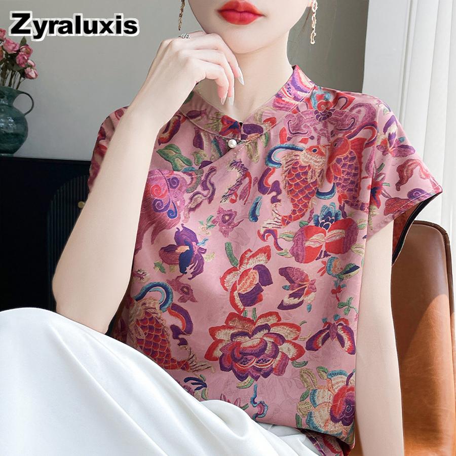 Silk Charmeuse Printed Short Sleeve Top Women's Mandarin Collar Cheongsam Shirt