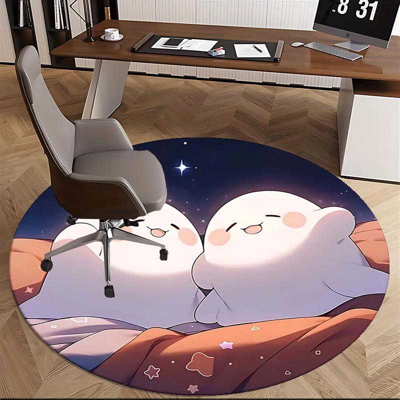 1pc Anime Design Round Carpet Cute Ghost Couple with Starry Sky Print, Office Chair Mat, Home Decor, Gift