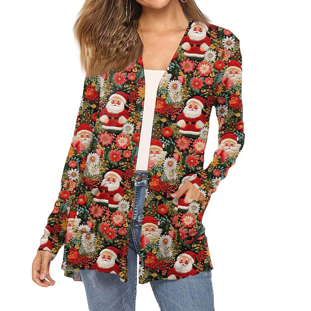 Dámský módní vánoční potisk dlouhý rukáv kapsy slim fit kardigan kabát