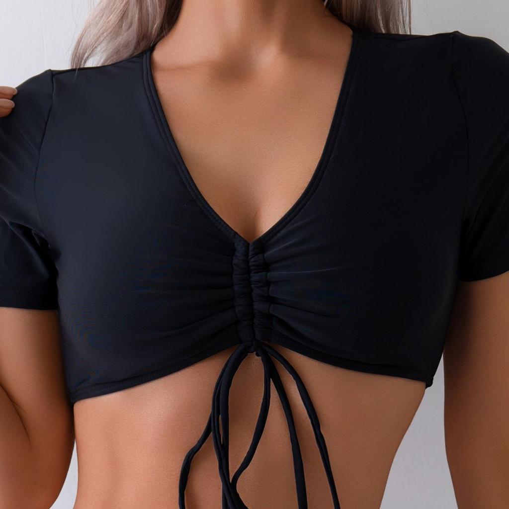 2025 European American Solid Color Drawstring Bandeau Bikini Swimsuit