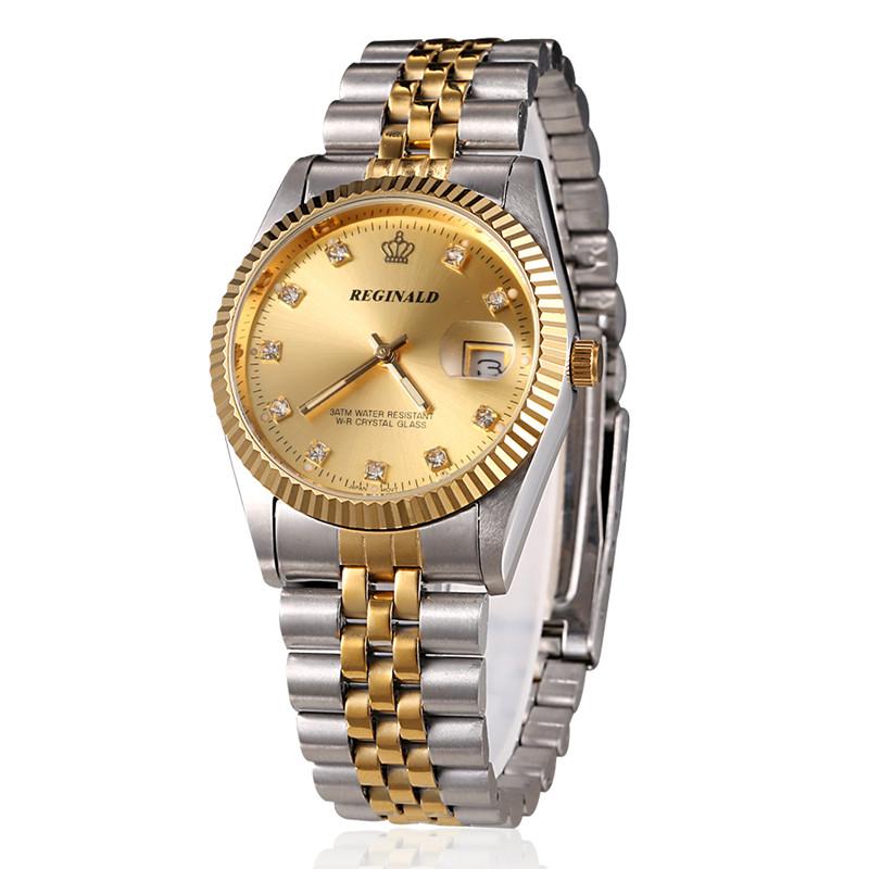 REGINALD Brand Mens Dress Style Business Watch Steel Wristband Golden Men Quartz Watch Valentine's Day Present For Man