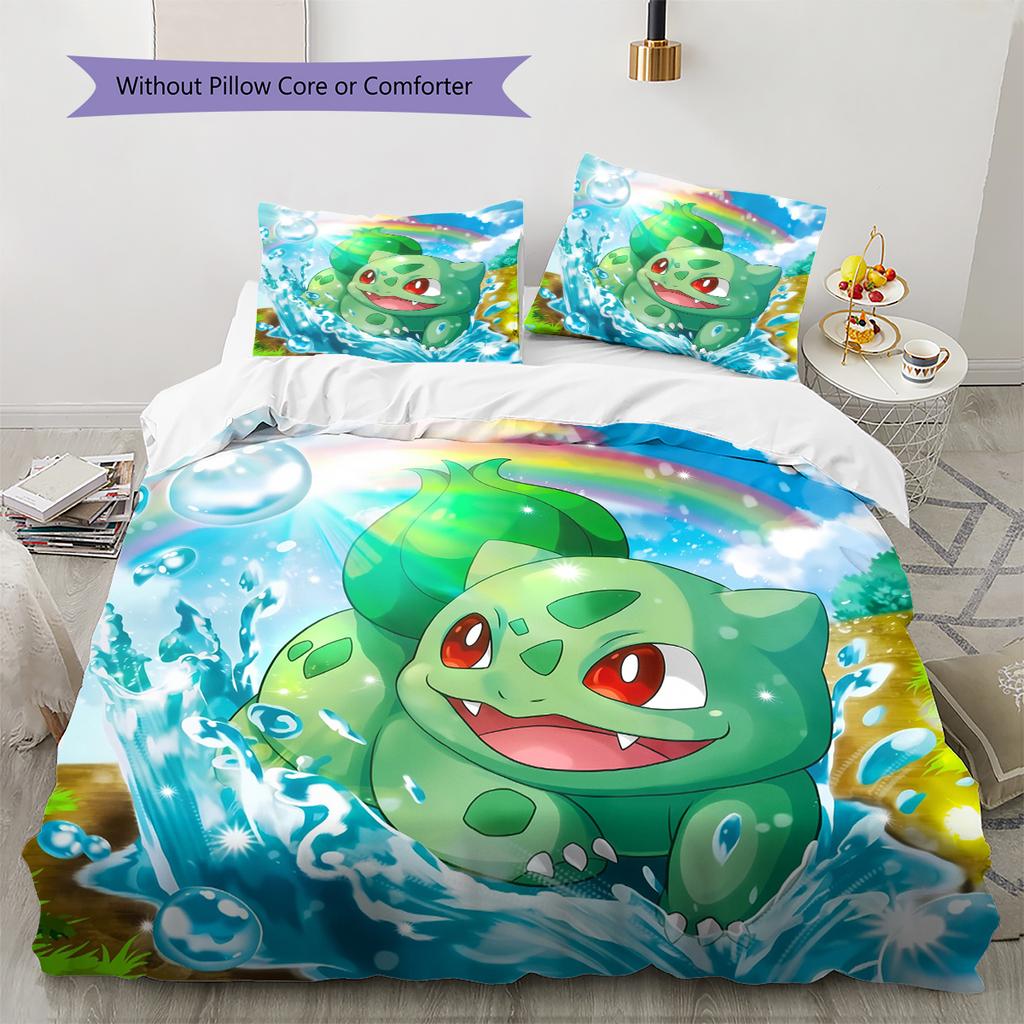 Pokémon Bulbasaur Vzor Povlečení Domácí Dekorace Narozeninový Dárek (1 * povlak na peřinu + 2 * povlak na polštář, bez jádra)