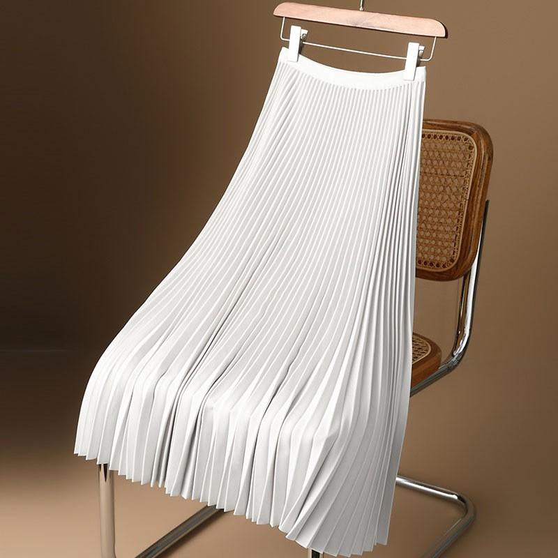 Womens Solid Pleated Elegant Midi Elastic Waist  Skirt