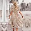 Damen Sommer Blumenmuster Kurzarm Hohe Taille A-Linie Urlaubs Kleider Hals