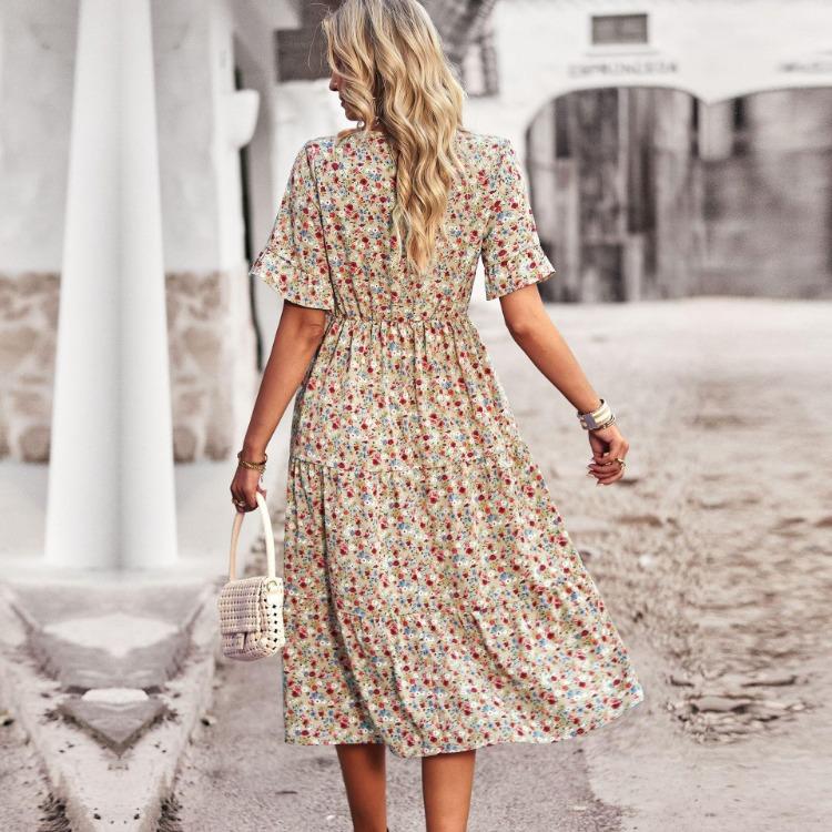 Damen Sommer Blumenmuster Kurzarm Hohe Taille A-Linie Urlaubs Kleider Hals