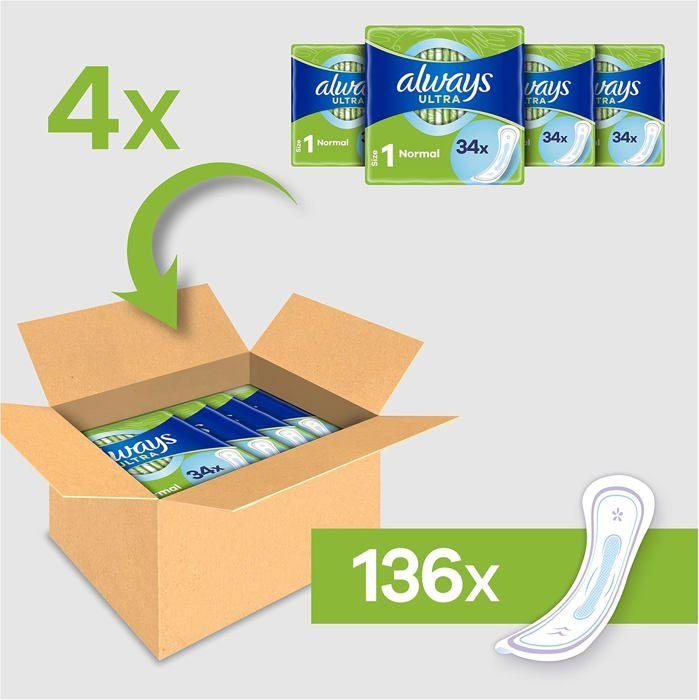 Serviettes Hygiéniques - ALWAYS - Ultra - Taille 1 - 136 Serviettes - Flux Légers Jour