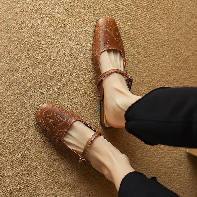 Fashion 2025 Summer Women Mules Genuine Leather Women Shoes square Toe Chunky Heel Shoes Cover Toe Slingback Sandals Shallow Slippers