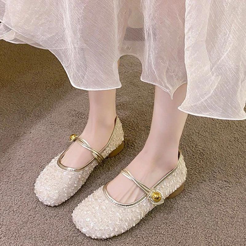 Fashion Shoes for Women Round Toe Black Net Cloth Sequins Cheap Clearance High Quality Fashion Summer 2025 Vacation Shallow Woman Flats