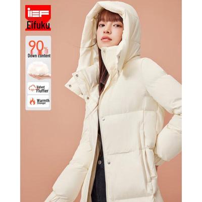 IEF Damen 2024 Winter Mittellange Weiße Entendaunenjacke