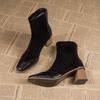 Fashion Winter New Thick Heel Cotton Boots Women's Square Head Splicing Suede Back Zipper Anti-slip Wear-resistant Short Boots