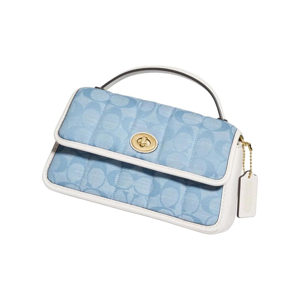 Coach Women's Signature Quilted Top Handle Handbag, Light Blue Canvas Turnlock Flap Crossbody Bag, Fashionable for Daily Commute C4690-B4SUX