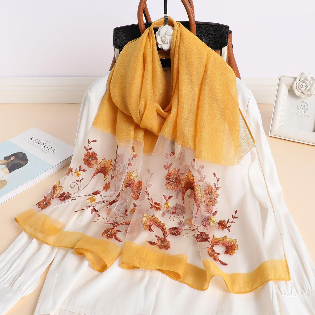 Silk Women Scarf Warm Wool Shawls Lady Wraps Floral Pashmina Embroidery Scarves Foulard Hijab  Long Female Hair Bandana