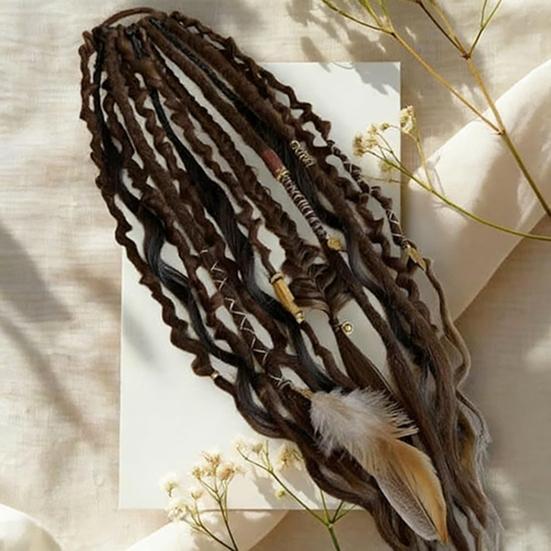 Boho Gevlochten Paardenstaart Verlenging met Haarelastiek Lichtgewicht Hand-gevlochten Vlechten Haarverlengingen Vrouwen Mannen Lang Viking Dreadlock Kralen Paardenstaart Verlenging