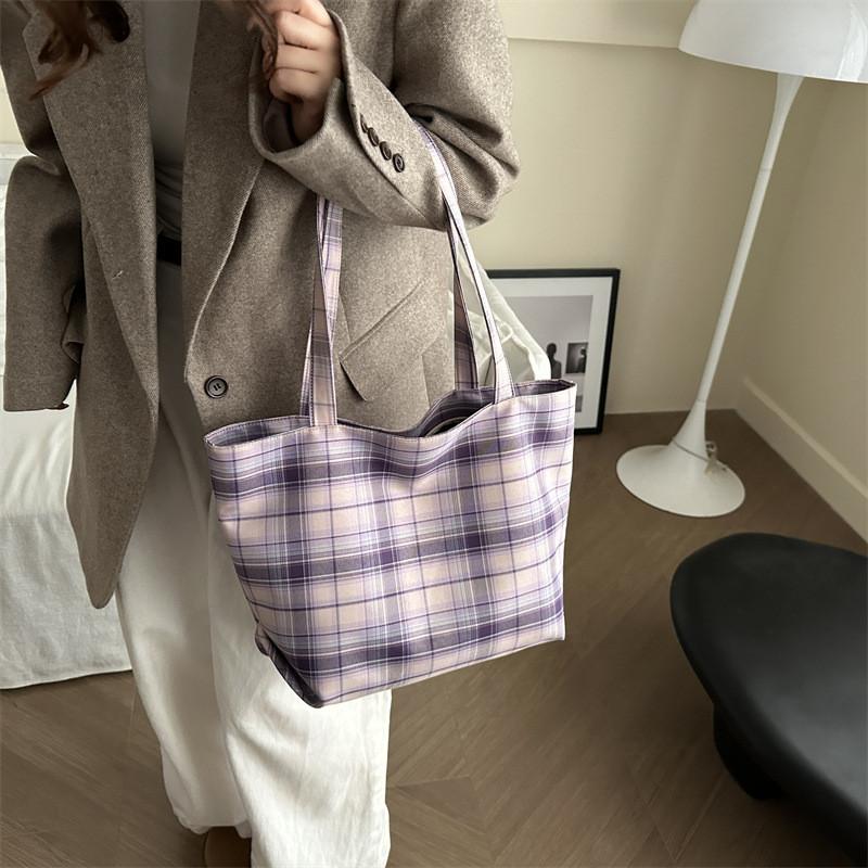 Stylish Colorblock Plaid Tote Bag For Women In Pink Blue And Purple For Everyday Use