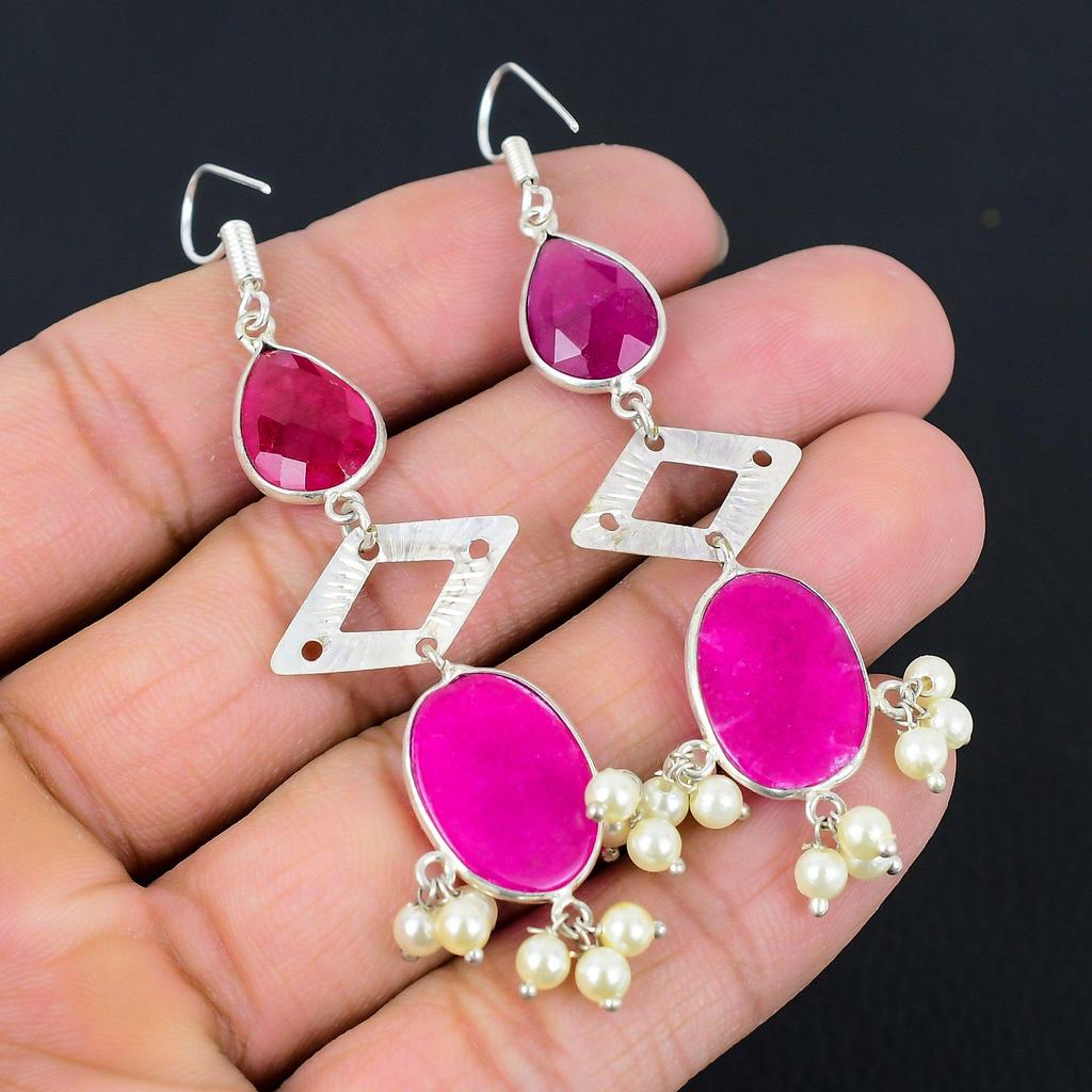 Tochtertag Angebot Natürlicher Kaschmir Rubin 925er Sterling Silber Tropfen Einzigartige Ohrringe
