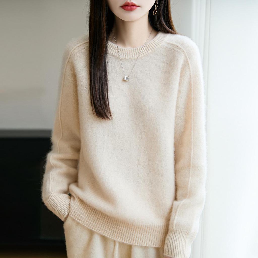 Elegant Double-Strand Round Neck Wool Sweater for Women – Long Sleeve, Loose Knit Cashmere, Slimming Design