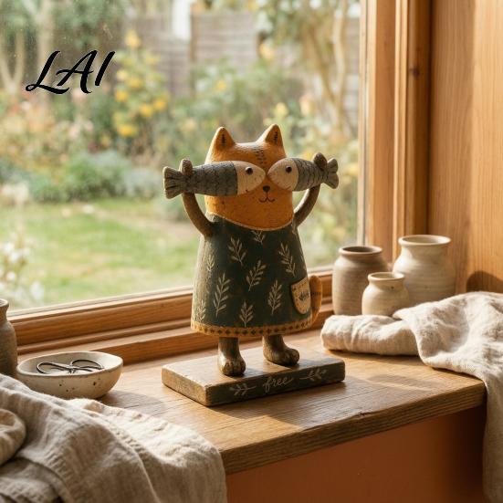 Cute Cat Holding Fish Ornament Rustic Farmhouse Figurine with Fish Resin Statue Vintage Decorative Prop for Photography Hand Painted Desktop