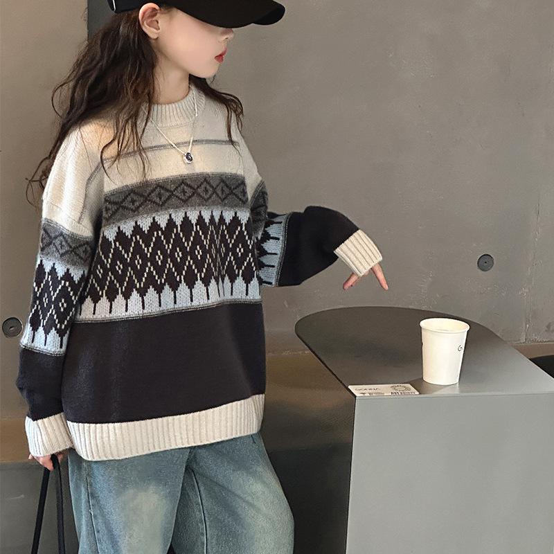 Girls  Diamond Knit Sweater - Korean Style Pullover for Older Children, Autumn/Winter 2025 170